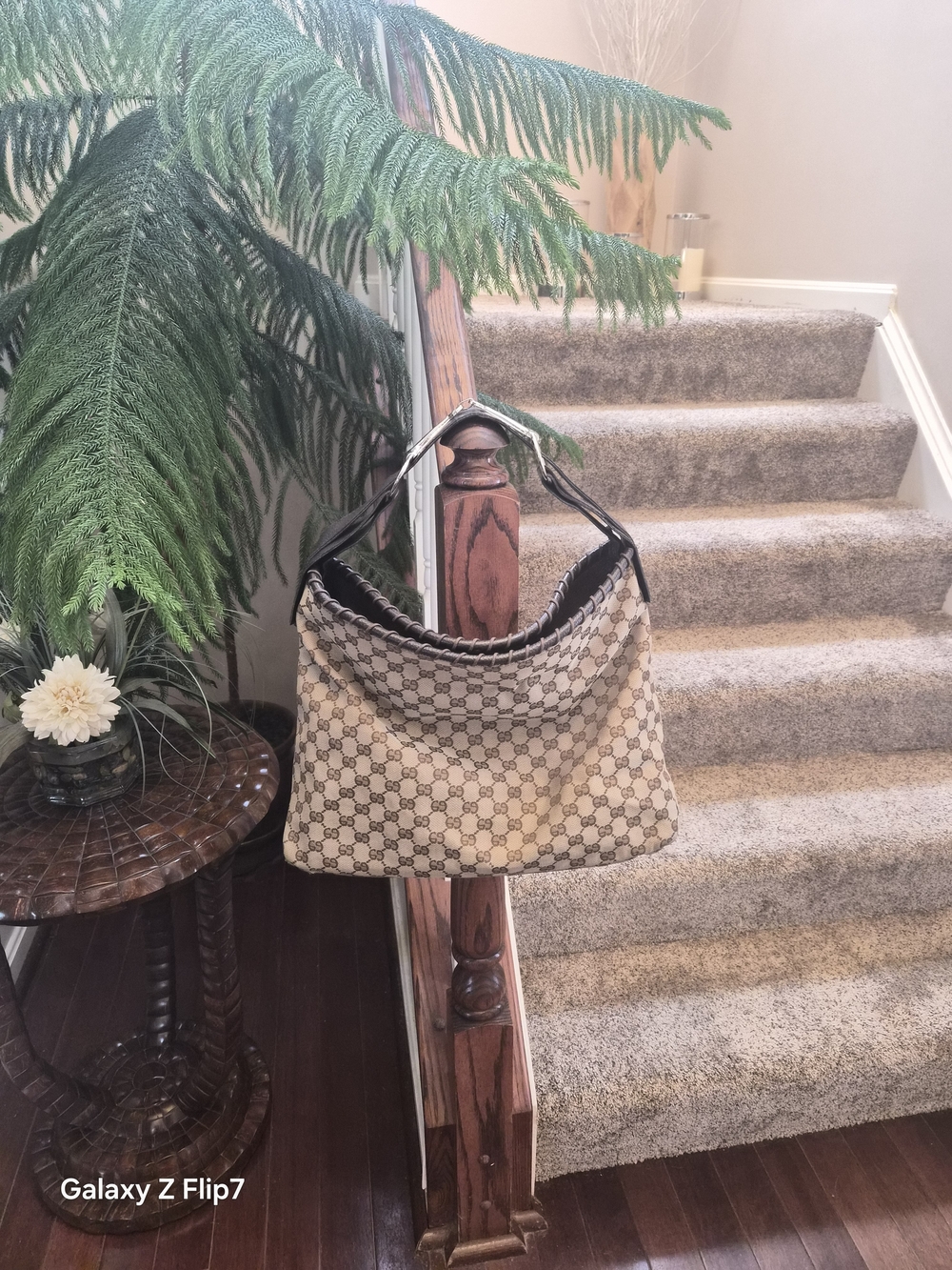 Beige Monogram Canvas Shoulder Hobo with Black Trim